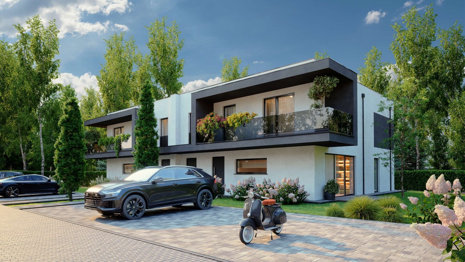 Widok osiedla – aluminium, HPL, szkło